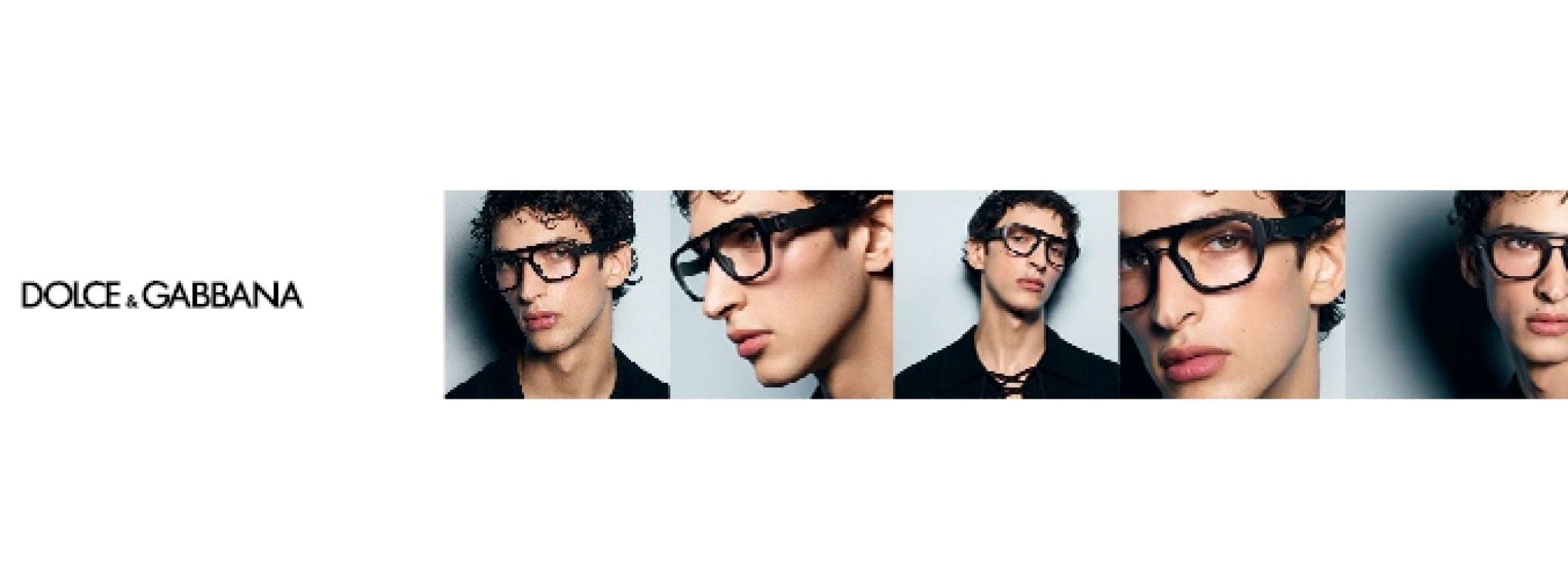 Dolce & Gabbana: Linke Bildseite zeigt das Dolce & Gabbana Logo; Rechte Bildseite zeigt jungen Mann mit Brille